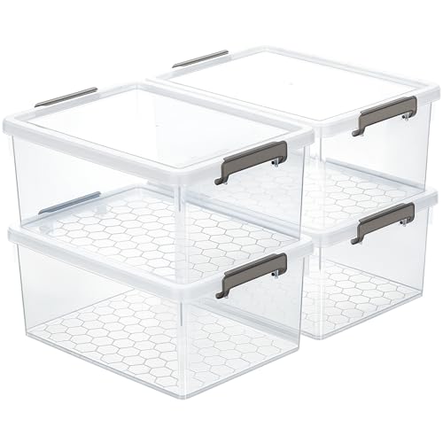 Citylife 33 Qt Ultra-Thick Plastic Clear Storage Bins with Lids, 4-Pack | Heavy-Duty Straight-Wall Plastic Bins with Honeycomb Base and Pinch-Free Latches for Closets, Garages, and Decor, BPA-Free - size: 33 QT, style: 4 Pack