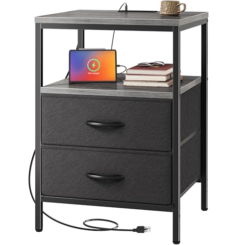 Huuger Night Stand with Charger Station, 27.7 Inch Tall Nightstand | Bed Side Table with 2 Fabric Drawers, Side Table for Bedroom, End Table for Living Room, Couch, Grey - color: Charcoal Gray and Black, size: 11.8"d X 17.7"w X 27.7"h (2 Drawers)
