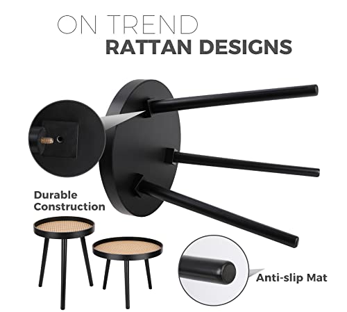 Rattan Round Side Table, Black Small End Table, Accent Table, Modern Boho Bedside Table, Mid-Century Patio Side Table, End Tables for Living Room Bedroom Office Balcony - color: Black-set