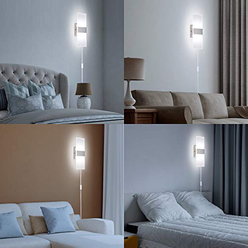 TRLIFE Wall Sconce Plug in, Modern Wall Sconce 12W Wall Mounted Light 6000K Cool White Acrylic LED Wall Lights with 6FT Plug in Cord and On/Off Switch on The Cord(1 Pack, Silver) - color: Silver-6000K Cool White, size: 1 Pack