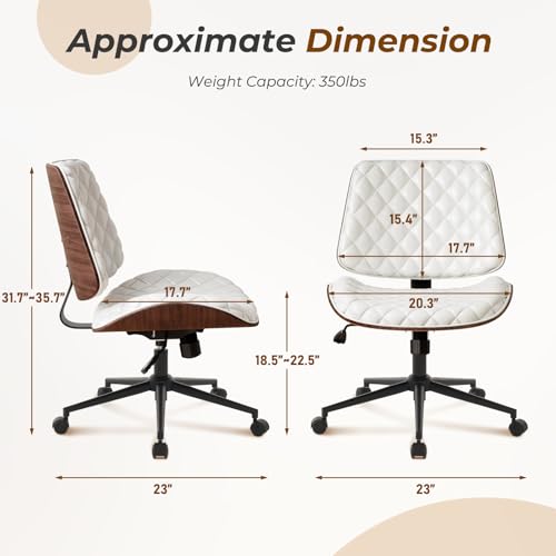 Furnimart Wooden Armless Desk Chair with Wheels, 360° Swivel Faux Leather Vanity Chair for Bedroom, Small Office Computer Task Chair for Home & Compact Spaces (PU White) - color: Pu-white
