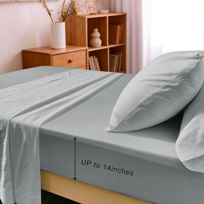 Twin Sheet Sets, Cotton Blended Breathable Bed Sheets 4 Piece, Deep Pocket Up to 14", 1 Fitted Sheet, 1 Flat Sheet and 2 Pillowcases (Grey, Twin) - color: Grey-4pcs Sheet Set, size: Twin