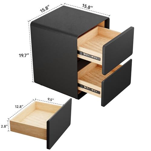 15.8" W Faux Leather Narrow Nightstand, Modern Fully-Assembled Bedside Table with 2 Drawers, Wood Night Stand Small Accent End Table & Side Table for Bedroom, Black - color: Black, size: 16in