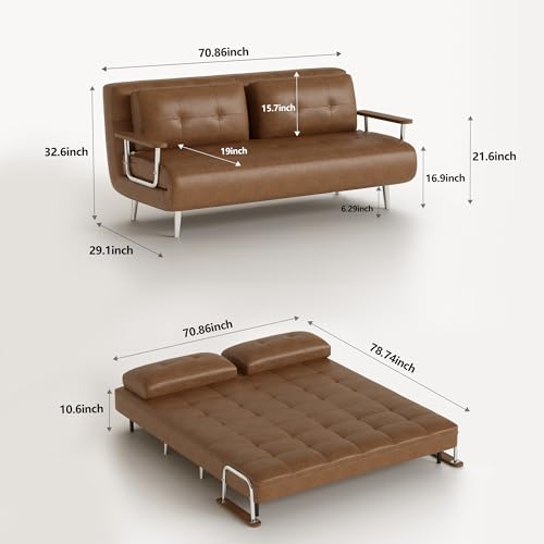 70.86In Faux Leather Convertible Sofa Bed Futon Couch Brownwn | Sturdy Metal Legs, Folding Build, Adjustable Backrest, Heavy‑Duty Support, Space‑Saving, Multi‑Position Unit, Apartment‑Fit - size: 70.86"
