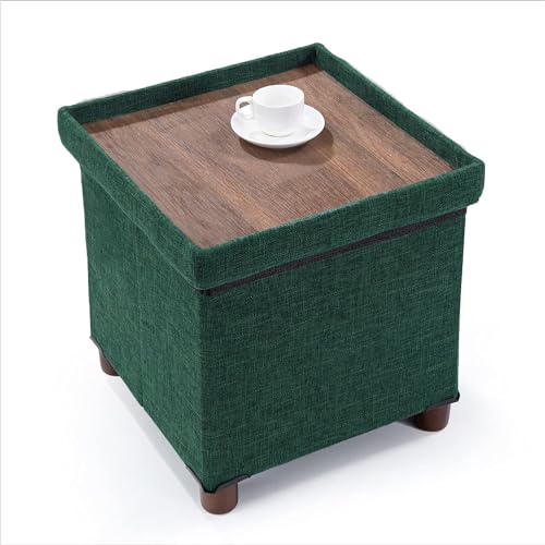 15 Inches Storage Ottoman with Wooden Legs, Cube Foot Rest Stool/Square Footstool Storage for Living Room, Foldable Fabric Ottoman, Comfortable Seat with Lid, Space-Saving Green