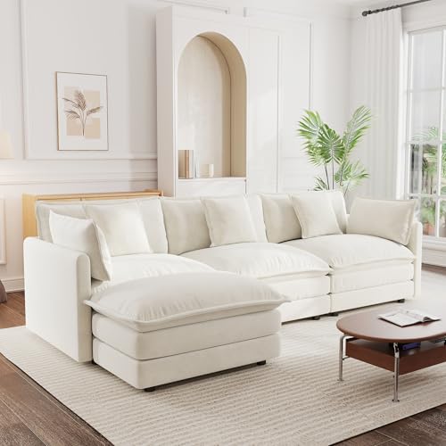 Modular Sectional Sofa, 111.5 Inch L Shaped Couch Set for Living Room, 3-Seater Comfy Cloud Couches with Movable Ottoman, DIY Combination, Chenille, Beige - color: Beige, size: 111.5 Inch- L