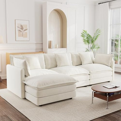 Modular Sectional Sofa, 111.5 Inch L Shaped Couch Set for Living Room, 3-Seater Comfy Cloud Couches with Movable Ottoman, DIY Combination, Chenille, Beige - color: Beige, size: 111.5 Inch- L