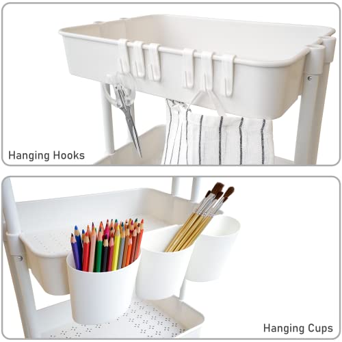 3-Tier Rolling Storage Organizer with 3 Small Baskets - Mobile Utility Cart with Caster Wheels (White)