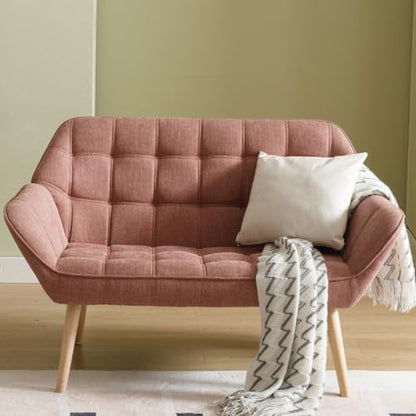 48”Small Loveseat Sofa, Modern Linen Upholstered Mini Couch 2-Seater Fluffy Love Seat with Quilting Backs and Wood Legs for Small Space Living Room, Bedroom, Pink - color: Pink, size: Loveseat