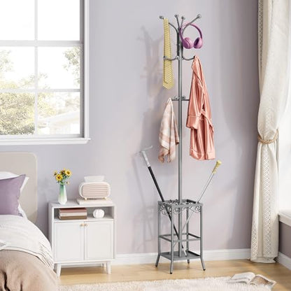 Hoctieon Coat Rack Freestanding, Coat Tree with Umbrella Holder | Metal Coat Rack Stand with 12 Hooks, Standing Coat Hanger Stand, Umbrella Stand for Entryway, Hat Rack Stand for Home Office - color: Gray