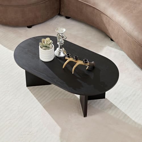 39.37'' Oval Modern Coffee Table With Sturdy Pedestal For Living Room, Bedroom, Apartment, Office, Black - color: Black, size: 39.37"x21.65"x13.78"