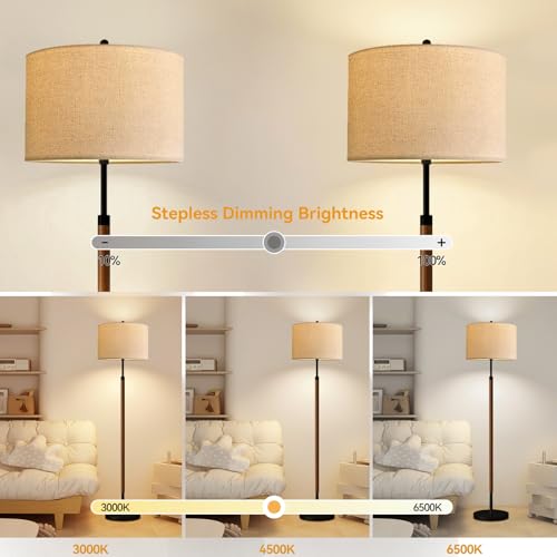 ILLMTW Wood Floor Lamp for Living Room,Bedroom,Vintage Mid Century Modern Standing Lamp with Remote Dimmable,Boho Black Tall Lamp Fabric Lamp Shade Floor Lights Bohemian Tiffany Style - size: 12-Floor Lamp