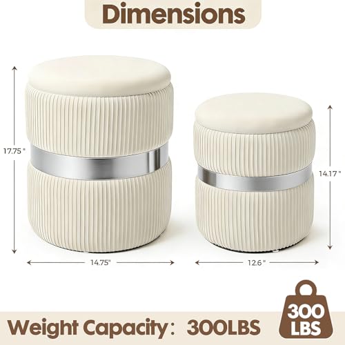 Round Ottoman with Storage Set of 2 White Velvet Vanity Stool | Upholstered,Small Ottoman Coffee Table,Removable Lid,Foot Stool for Living Room,Bedroom,Assembly Free, Silver and White - color: White