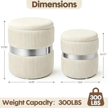 Round Ottoman with Storage Set of 2 White Velvet Vanity Stool | Upholstered,Small Ottoman Coffee Table,Removable Lid,Foot Stool for Living Room,Bedroom,Assembly Free, Silver and White - color: White