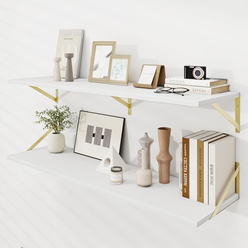 Dreamland Wall Mounted Floating Shelves Set of 2, 36x12, White&Gold | Engineered Wood, Visible Bracket, Large Storage, Hold Up to 60lbs, Living Room, Bathroom, Bedroom, Kitchen - color: White&gold, size: 48"W x 12"D