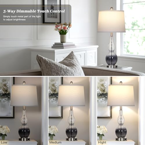 Rinweey 27.5" Gradual Gray Clear Glass Table Lamp Set of 2,3-Way Dimmable Touch Control Bedside Lamps with USB Ports and AC Outlet, Modern Nightstand Lamps for Bedroom Living Room - color: Gray