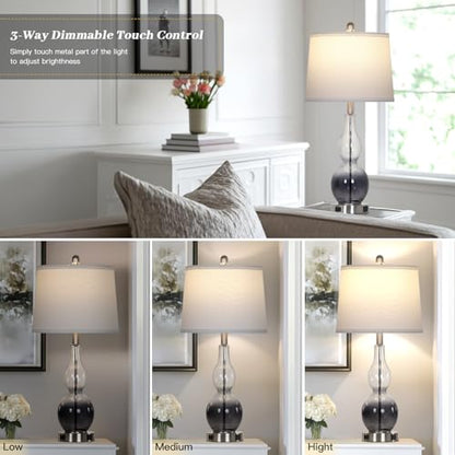 Rinweey 27.5" Gradual Gray Clear Glass Table Lamp Set of 2,3-Way Dimmable Touch Control Bedside Lamps with USB Ports and AC Outlet, Modern Nightstand Lamps for Bedroom Living Room - color: Gray