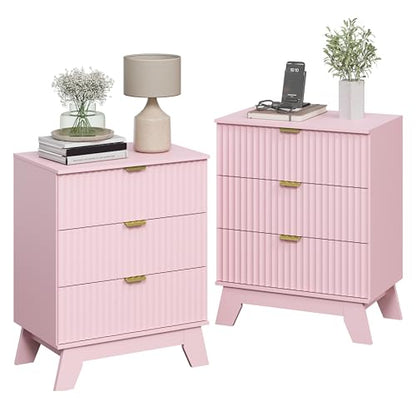 Night Stand Set 2, Bedside Table & End Table, Mid Century Modern Fluted Wood Nightstand with 3 Drawers & Metal Handles, Farmhouse Nightstand for Bedroom, Pink - color: Pink, style: 3 Drawers-2 PCS