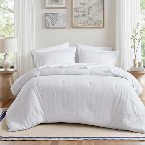 Madison Park Essentials Striped Comforter Set Cal King, 7 Pieces Modern Minimalist Jacquard Bedding Set for All Season, Bed in A Bag with Sheet Set and Soft Brushed Reverse, Lightweight White - color: White, size: California King