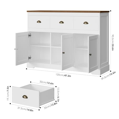 White Buffet Cabinet Storage Kitchen Sideboard Farmhouse Buffet Server Bar Wine Cabinet with 3 Drawers & 3 Doors Adjustable Shelves Console Table for Dining Living Room Cupboard - size: 15.6"D x 47.2"W x 36"H