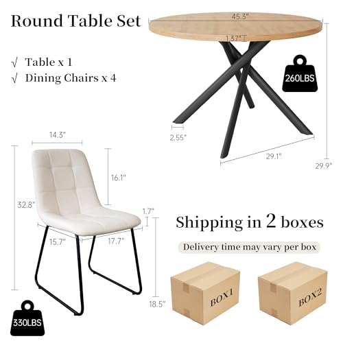 HIPIHOM 45.3 Inch Round Dining Table Set for 4, Mid Century Modern Small Kitchen Coffee Set for Dining Room Kitchen Apartment (Oak Table + 4 U-Shaped White Chairs) - color: Oak Table+4 U-shaped White Chairs