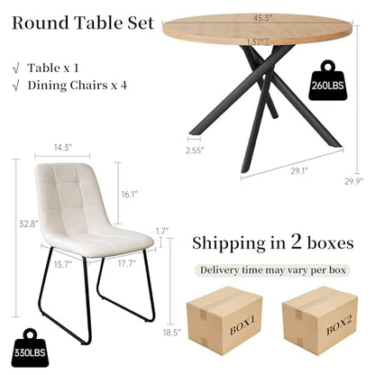 HIPIHOM 45.3 Inch Round Dining Table Set for 4, Mid Century Modern Small Kitchen Coffee Set for Dining Room Kitchen Apartment (Oak Table + 4 U-Shaped White Chairs) - color: Oak Table+4 U-shaped White Chairs