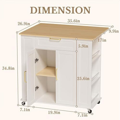 Faesun Kitchen Island on Wheels with Storage, Portable Kitchen Cart with Foldable Drop Leaf & Adjustable Shelves, Rolling Kitchen Island Cabinet with Spice Rack & 5 Casters, FSC Wood, White