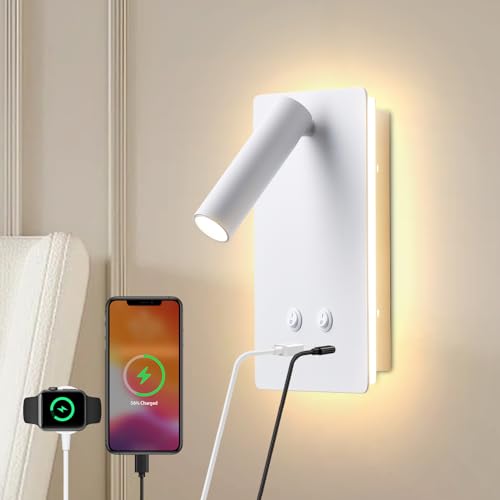 MOLUOLA LED Wall Lamp Wall Mounted Reading Lights, Adjustable Headboard Plug in Wall Sconce with USB C+A Ports, Headboard Bedside Lamp with 9W+3W Night Light 3000K (White) - color: White, size: 1 Pack