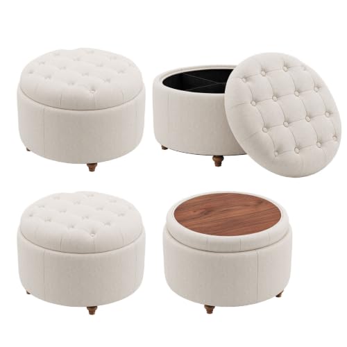 25" Round Ottoman with Storage, Small Coffee Table with Reversible Tray Lid | Tufted Fabric Round Storage Ottoman with Solid Wood Legs, 3-in-1 Footrest for Living Room, Bedroom, Entryway, Camel - color: Camel