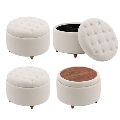 25" Round Ottoman with Storage, Small Coffee Table with Reversible Tray Lid | Tufted Fabric Round Storage Ottoman with Solid Wood Legs, 3-in-1 Footrest for Living Room, Bedroom, Entryway, Camel - color: Camel