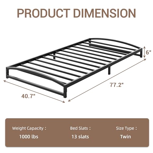 IDEALHOUSE Low Bed Frame, 6 in Twin Size Metal Platform Bed Frame, Black | Arch Design, Heavy Duty Bed Frame, Strong Bearing Capacity, No Box Spring Needed, - color: 6 Inch Black, size: Twin