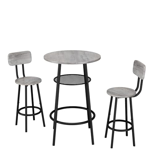 3-Piece Round Bar Table Set with Backrest & Partition, Counter Height Small Dining Table for 2, Includes 2 Foldable Stools, Sturdy MDF & Steel Frame for Kitchen/Dining Room (Grey) - color: Grey