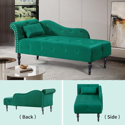60" Modern Velvet Chaise Lounge Indoor,Upholstered Lounge Chair with Left Armrest and Lumbar Pillow, Button Tufted Lounge Sofa for Living Room Bedroom Office,Mini Chaise Longue Sofa (Green) - color: Green