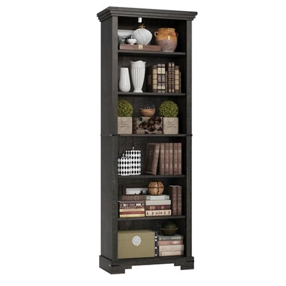 6-Tier Farmhouse Bookshelf, 73 inch Tall Book Shelf with Unique Design & 2 Adjustable Shelves, Wooden Bookshelf for Study Room, Living Room, Kitchen, Bedroom (Black) - color: Black, size: 6-tier