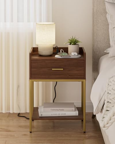 Masupu Nightstand with Charging Station, 3-Tier Modern Bedside Night Stand with Storage Drawer and Shelf, Small End Side Table for Bedroom, Living Room, Walnut - color: Outlet-brwon Walnut