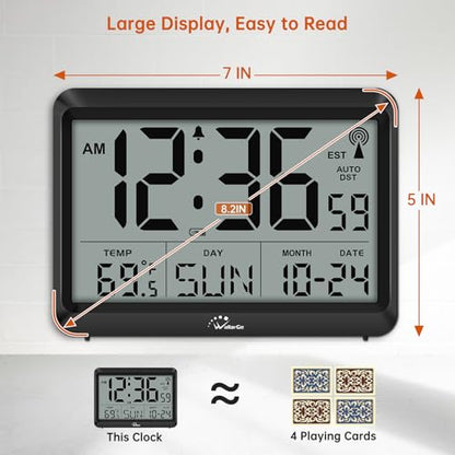 Self-Setting Atomic Digital Wall Clock with Auto DST | Battery Operated, Large Display with Temperature, Date and Day, 4 Time Zones, Wall Mount/Desktop Clock for Classroom, Office - size: Medium