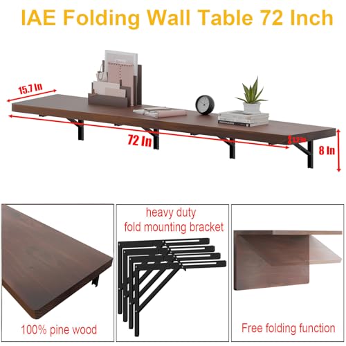 IAE Wall Mounted Folding Table with Pine Wood,72" x 16"Floating Wall Desk | Laundry Folding Table with Shelf Brackets,Fold Down Desk Shelf,Fold Workbench for Apartments,Home,Laundry Room,Kitchen,Brown - color: Brown, size: 72*16* 8 Inch