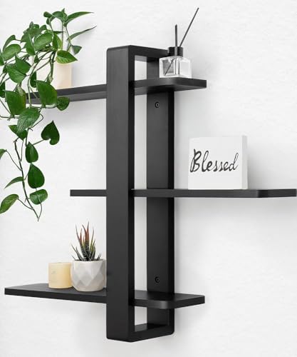 SUMGAR Black Floating Shelves for Wall, 3 Tier Adjustable Large Shelf Unit | 20 Inch All Pine Wood, Decorative Shleving, Plants Photos Display, for Living Room, Bedroom, Office, Bathroom - color: Black