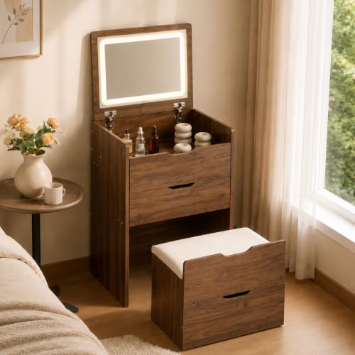 Small Vanity with Mirror and Lights for Small Space, 3-in-1 Compact Makeup Vanity Desk with Storage, Flip Top Vanity Table with Hidden Stool, 3 Color Mode, Drawers & Jewelry Organizer, Mini Vanity Set - color: Walnut, size: 23.6"