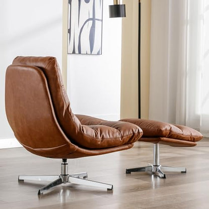 HNY Brown Swivel Lounge Chair with Ottoman Modern PU Leather Accent Chair with Footrest 33'' Wide Oversized Armless Upholstered Reading Chair with Footstool for Living Room Bedroom Comfy - size: 1 SET