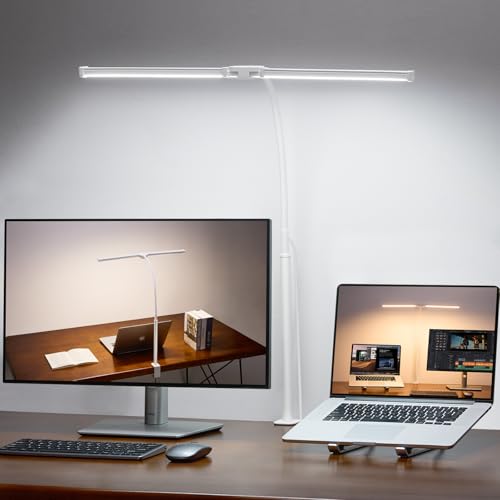 LED Desk Lamp for Home Office, Double Head Desk Light with Clamp | 3 Modes 10 Brightness, Long Flexible Goose-Neck, Eye-Caring, Memory Function, Energy Efficient, USB Adapter, Metal, White - color: White Pro
