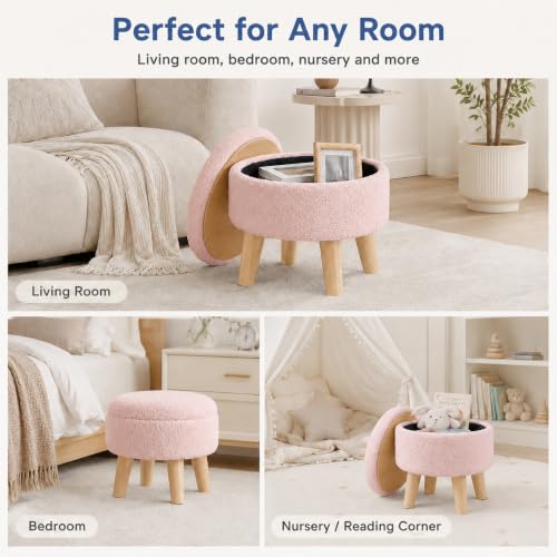 Simple Deluxe 13" Round Storage Ottoman with Wooden Legs & Dual-Use Tray Lid, Fluffy Teddy Boucle Ottoman Footstool for Bedroom, Living Room & Vanity, Pink - color: Pink