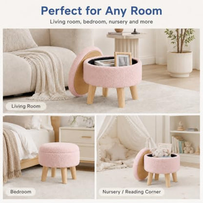 Simple Deluxe 13" Round Storage Ottoman with Wooden Legs & Dual-Use Tray Lid, Fluffy Teddy Boucle Ottoman Footstool for Bedroom, Living Room & Vanity, Pink - color: Pink
