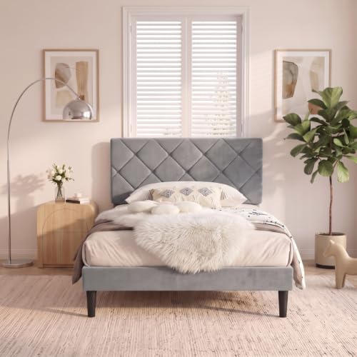 Twin Size Bed Frame with Adjustable Diamond Headboard,Velvet Fabric Upholstered Platform Bed,No Box Spring Needed, Easy Assembly, Noise Free, 600 lbs Capacity, Under Bed Storage for Small Space,Gray - color: Gray-1