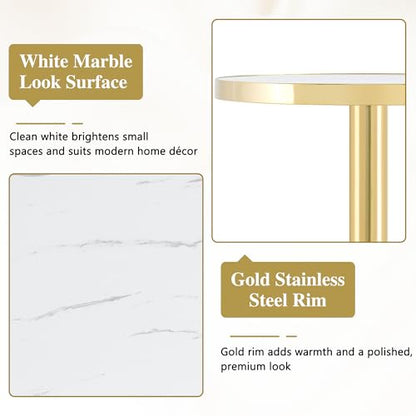 TesNus 23.6" Tulip Dining Table for 2, Small Round Tulip Table, Faux Marble Top with Gold Metal Pedestal Base, Modern Leisure Dining Table for Small Spaces, Cafe, Office, White&Gold - color: White Top&gold Base