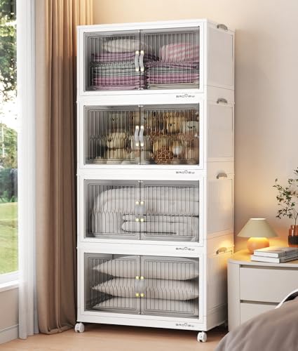 BROVIEW 320Qt Stackable Storage Bins with Lid for Home Dorm, 4Pack White | Closet Organizers, Foldable & Collapsible Cabinets, Large Containers, Wheels & Magnetic Doors, Plastic Drawers for School - color: White, size: 80QT-4Pack