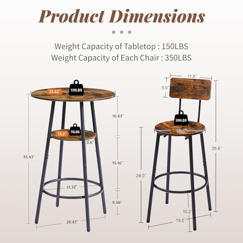 23.6” Diameter Round Bar Table Set for 2 with Storage Shelf, Counter Height Pub Table and Chairs, Small Round Kitchen Table with Backrest Stools for Small Spaces, Breakfast Nook Dining Table - color: Rustic Brown, style: Round w/ Wood Seat Stool