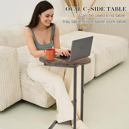 C Shaped End Table,Oval Couch Sofa Side Table for Bed Slide Under Couch, Wood Small Round Snack Table with Metal Frame, TV Tray Table for Small Space, Living Room,Easy Assembly(Brown) - color: Oak Brown+black
