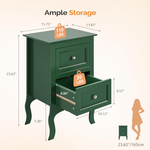 Bonnlo Green Nightstand Set of 2, Small Green Night Stands for Bedroom, Kids Room, Living Room, Wood, 15.75" W x 11.8" D x 23.6" H - color: Green