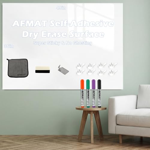 AFMAT White Board Dry Erase Paper, 48" x 36" Whiteboard Wallpaper, with 4 Markers, Stain-Proof & Super Sticky, No Ghost, 4' x 3' Peel and Stick Dry Erase Board Paper Roll for Wall/Home/Office,WS23E - size: 36''x48''